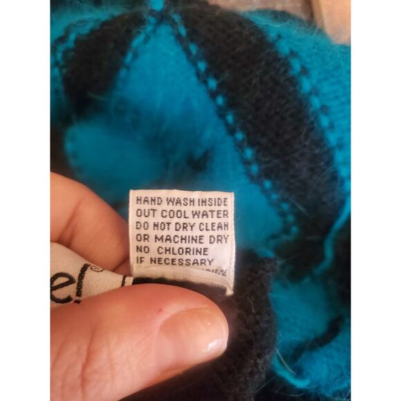 Vintage ARGYLE SWEATER CARDIGAN Blue and Black Angora Blend Size S - Picture 4 of 5